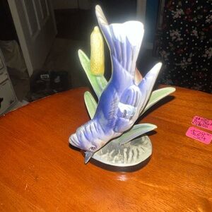 Blue Ceramic Bird Figurine with Reeds